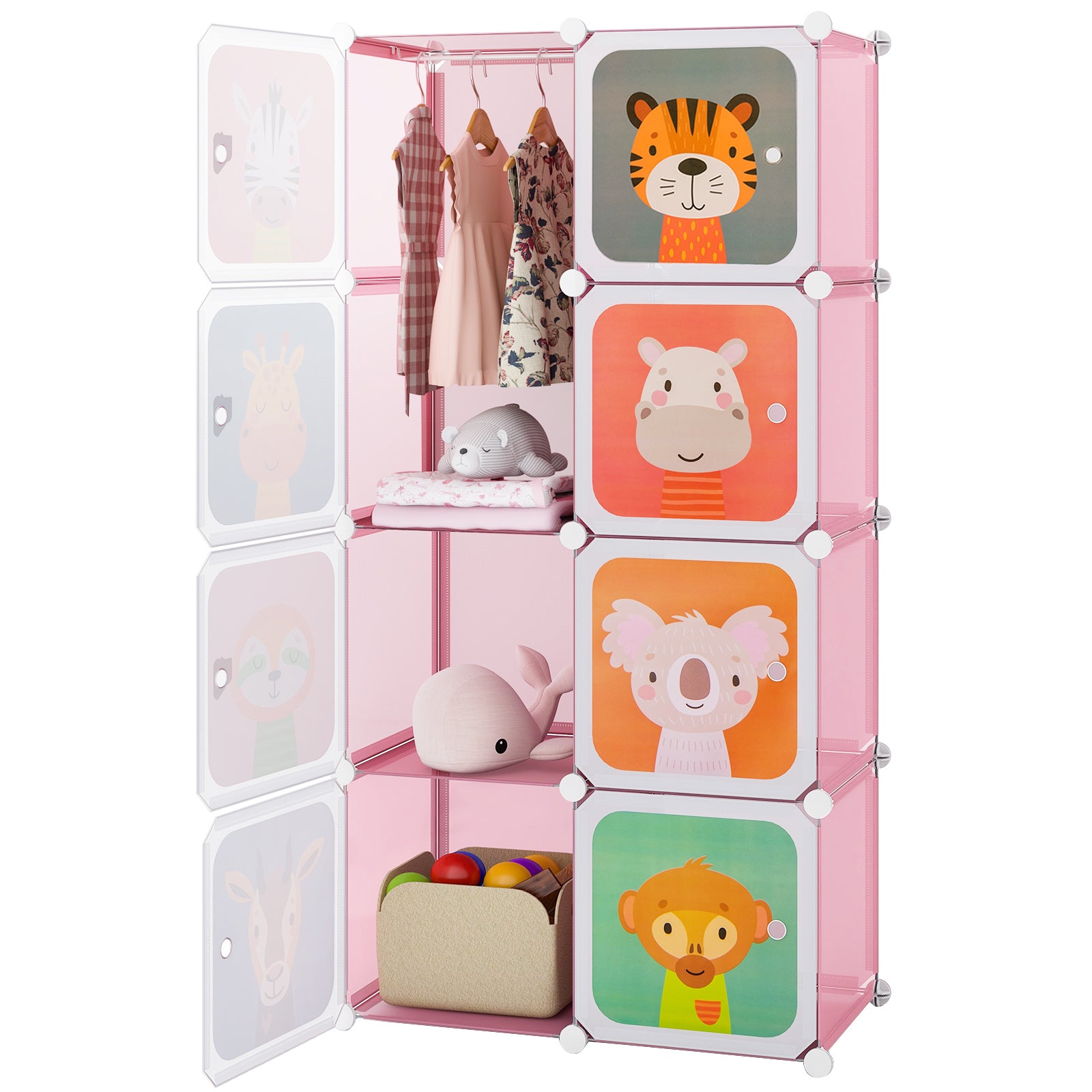 8-Cube Kids Wardrobe Closet with Clothes Hanging Section and Doors-Blue - Pink