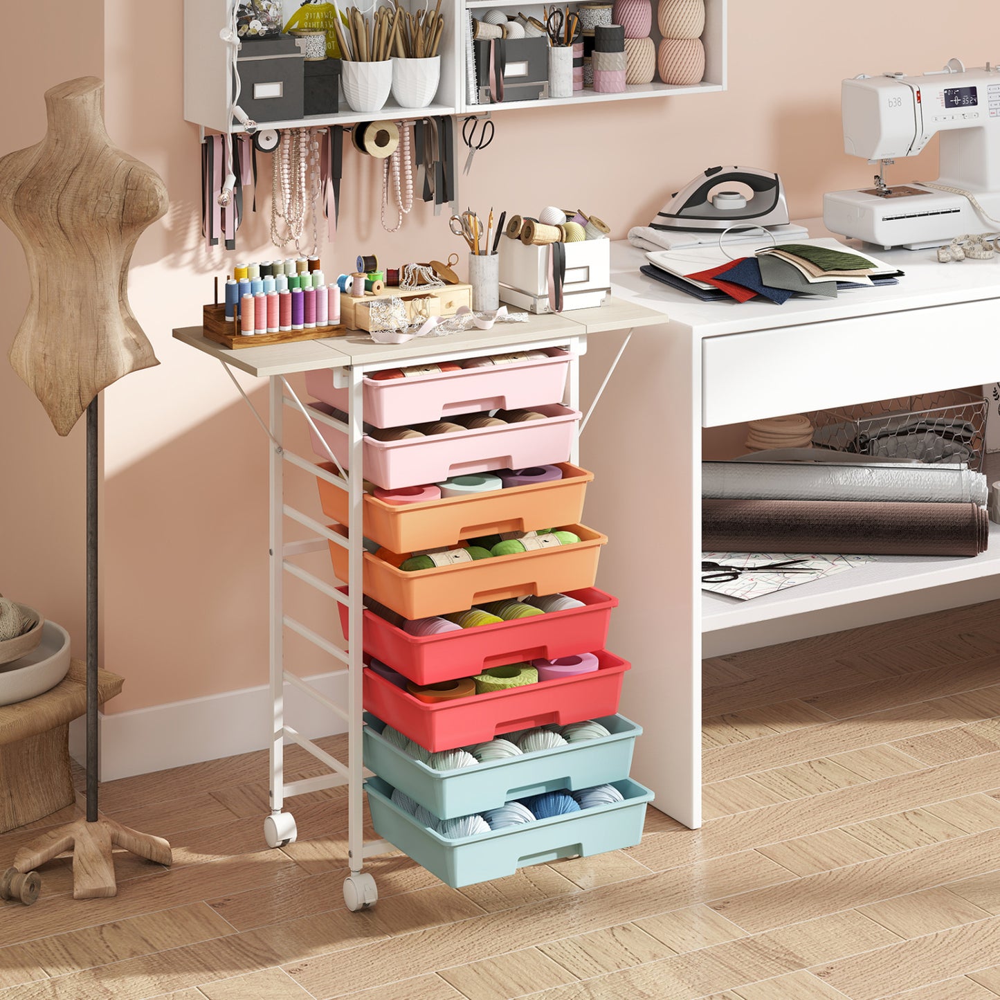 8-Drawer Rolling Storage Cart with Wooden Tabletop