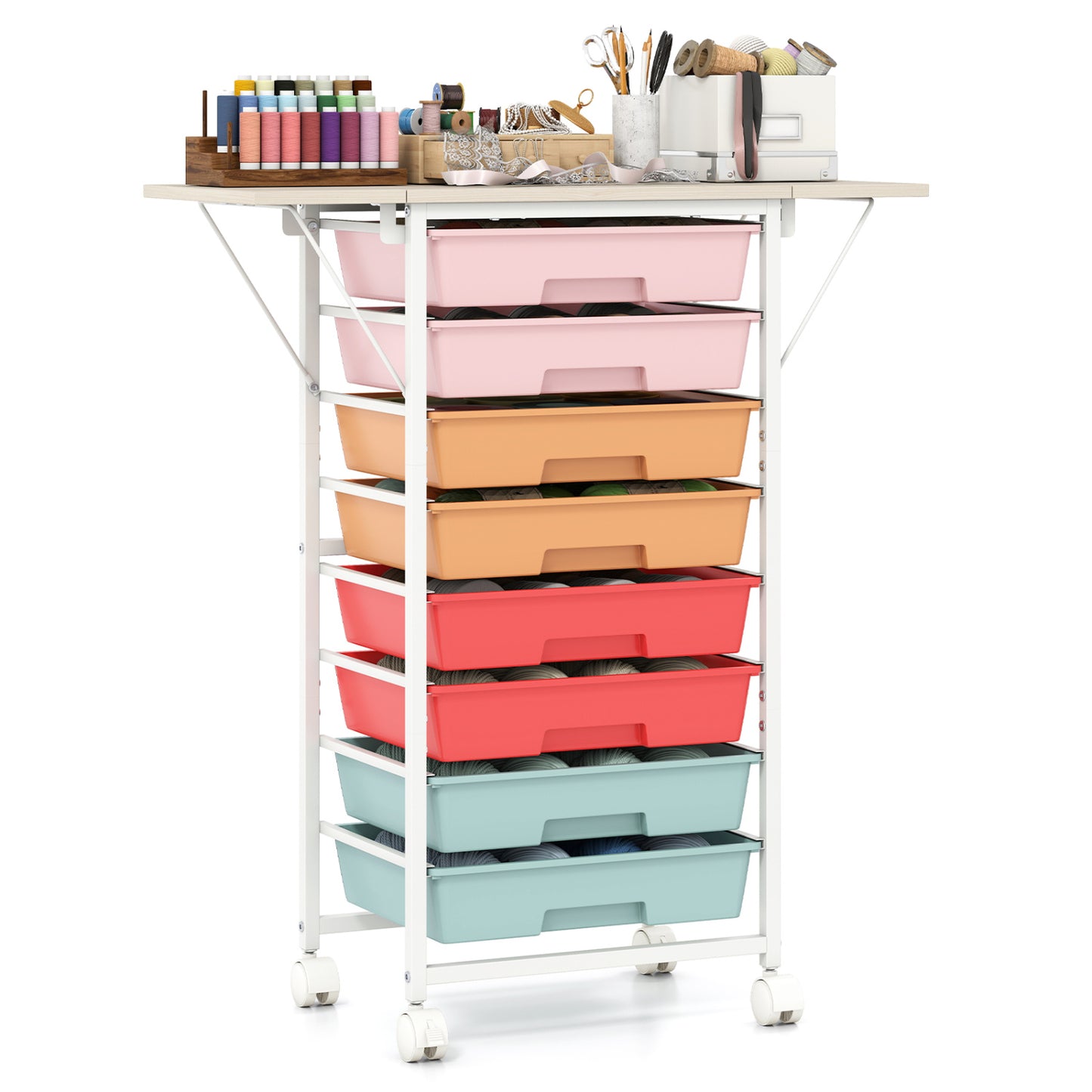 8-Drawer Rolling Storage Cart with Wooden Tabletop