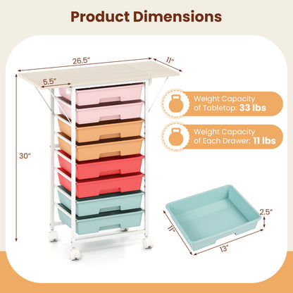 8-Drawer Rolling Storage Cart with Wooden Tabletop