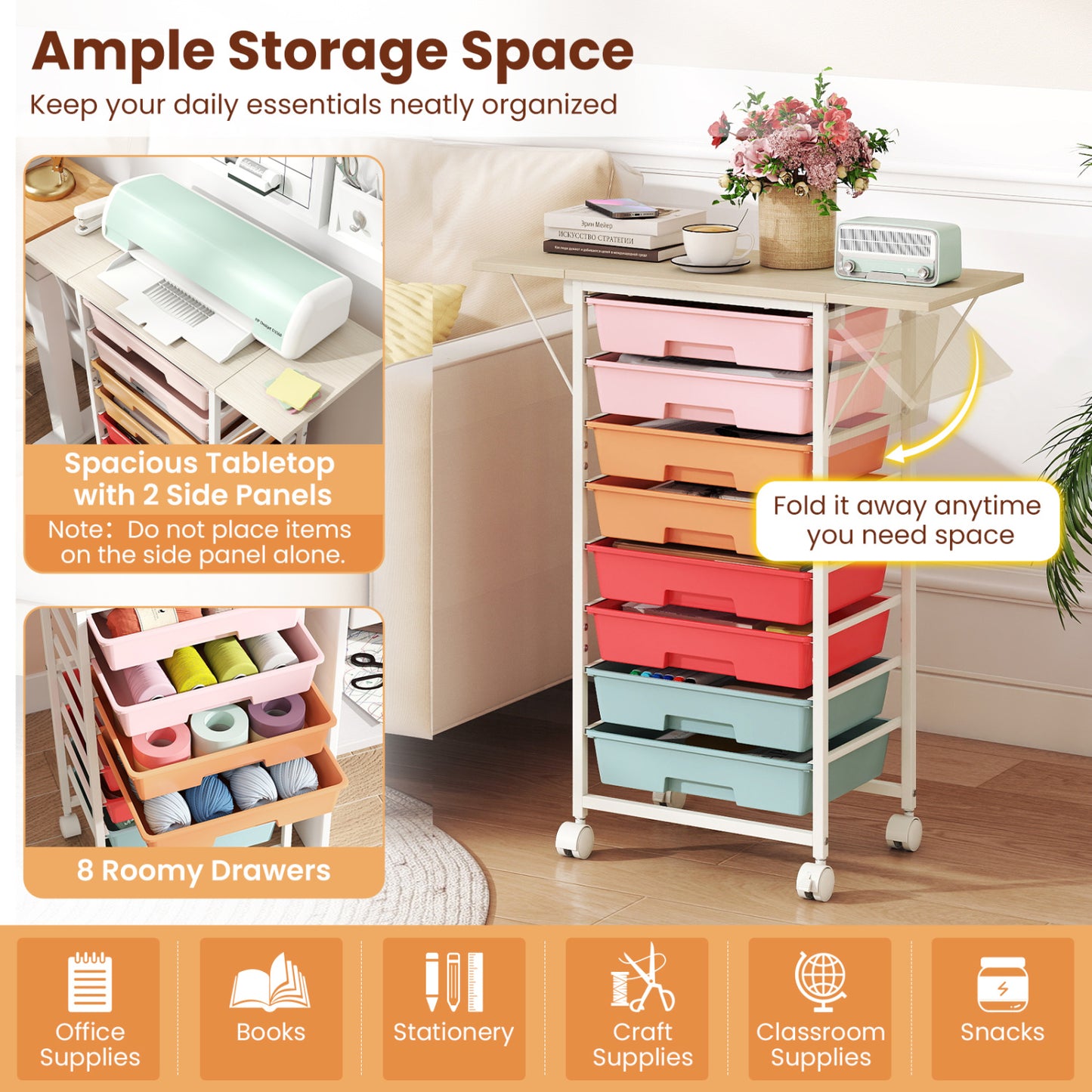 8-Drawer Rolling Storage Cart with Wooden Tabletop