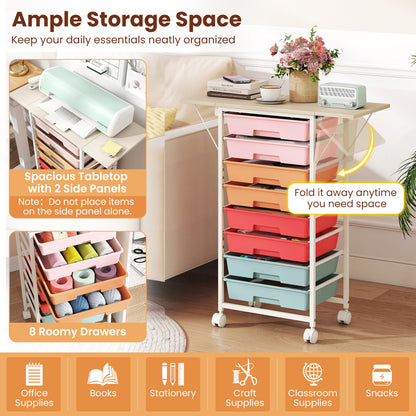 8-Drawer Rolling Storage Cart with Wooden Tabletop