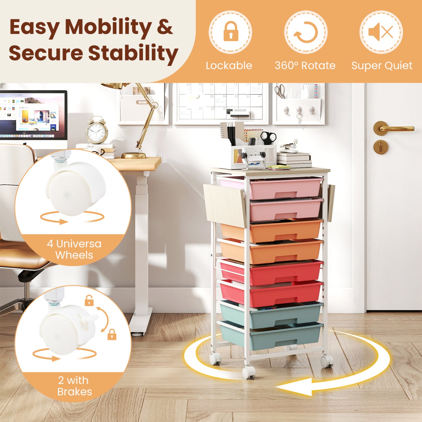 8-Drawer Rolling Storage Cart with Wooden Tabletop