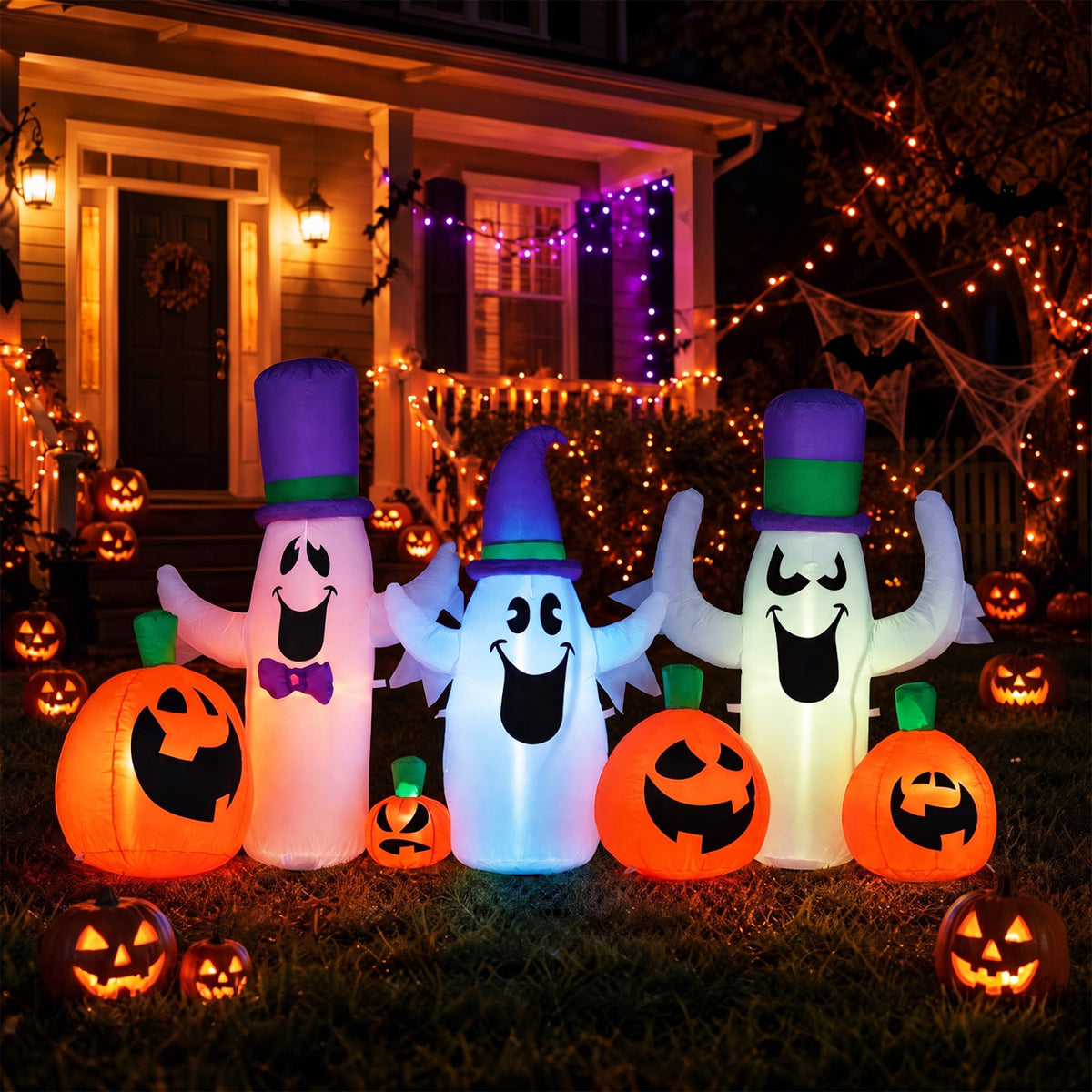 8 FT Halloween Inflatable with Ghosts and Pumpkins RGB LED