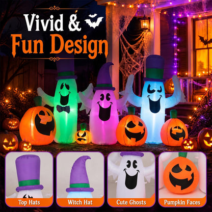8 FT Halloween Inflatable with Ghosts and Pumpkins RGB LED