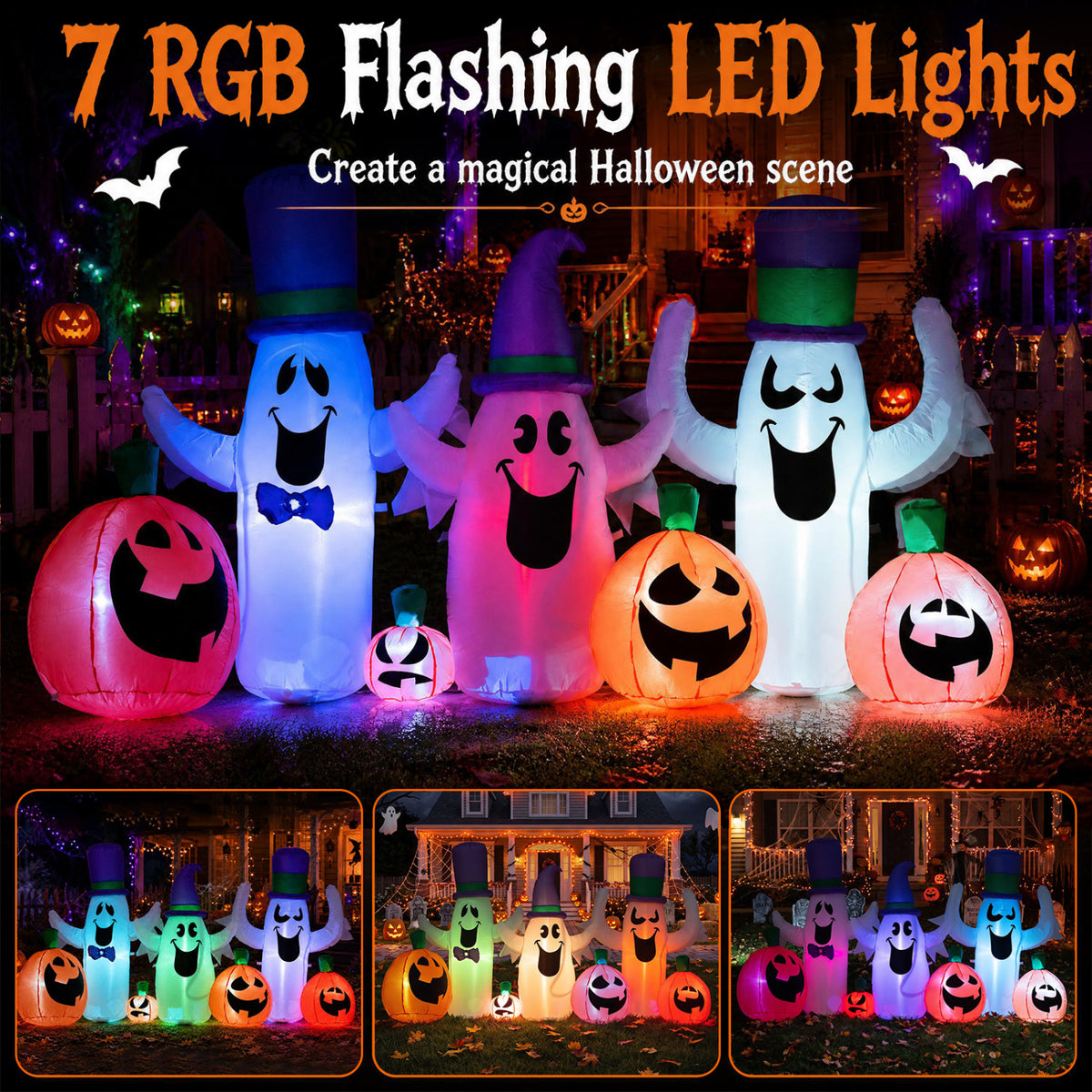8 FT Halloween Inflatable with Ghosts and Pumpkins RGB LED