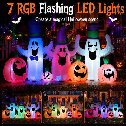 8 FT Halloween Inflatable with Ghosts and Pumpkins RGB LED