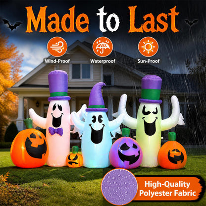 8 FT Halloween Inflatable with Ghosts and Pumpkins RGB LED