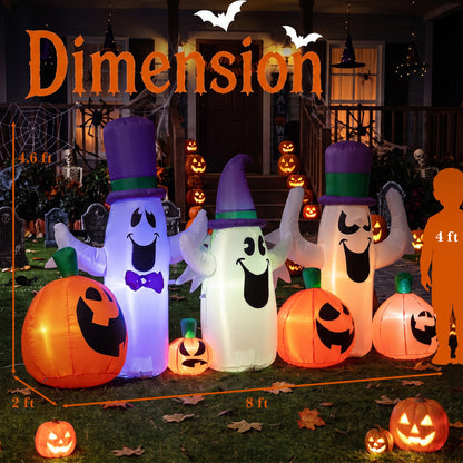 8 FT Halloween Inflatable with Ghosts and Pumpkins RGB LED