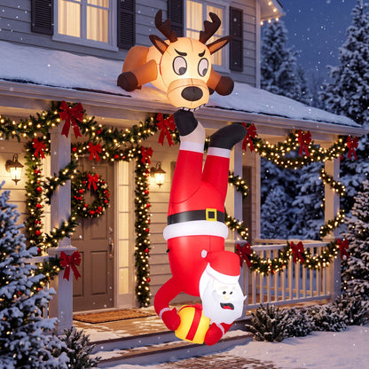8 FT Inflatable Roof Hanging Christmas Funny Xmas Blow up Climbing Santa Claus and Reindeer