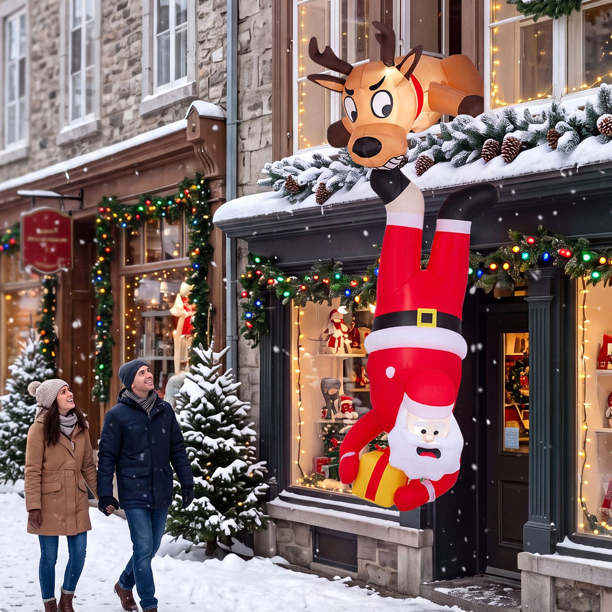 8 FT Inflatable Roof Hanging Christmas Funny Xmas Blow up Climbing Santa Claus and Reindeer