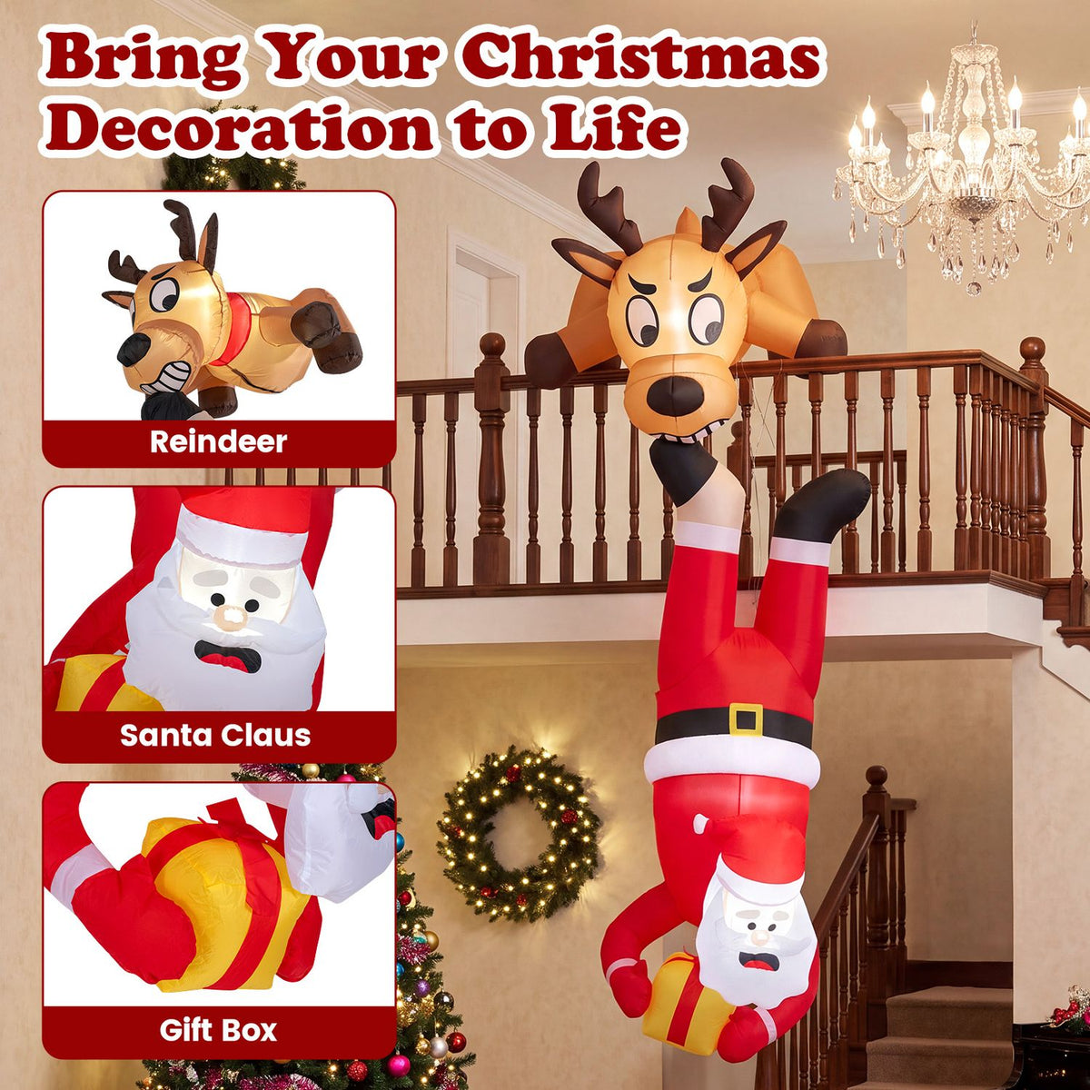 8 FT Inflatable Roof Hanging Christmas Funny Xmas Blow up Climbing Santa Claus and Reindeer