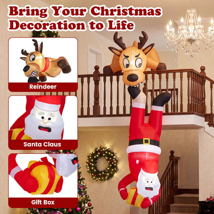 8 FT Inflatable Roof Hanging Christmas Funny Xmas Blow up Climbing Santa Claus and Reindeer