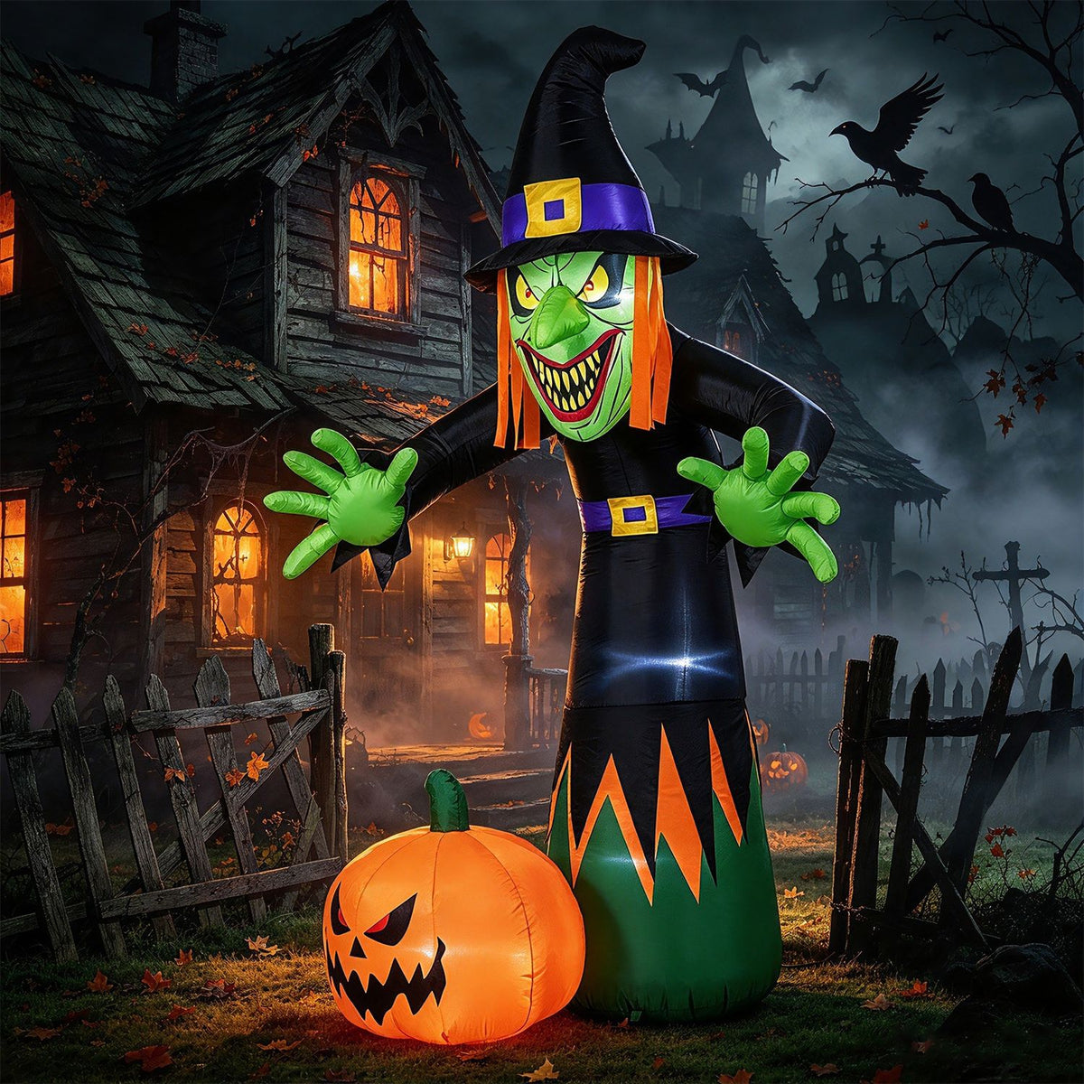 8 FT Halloween Inflatable Witch and Pumpkin with Built-in LED Lights for Holiday