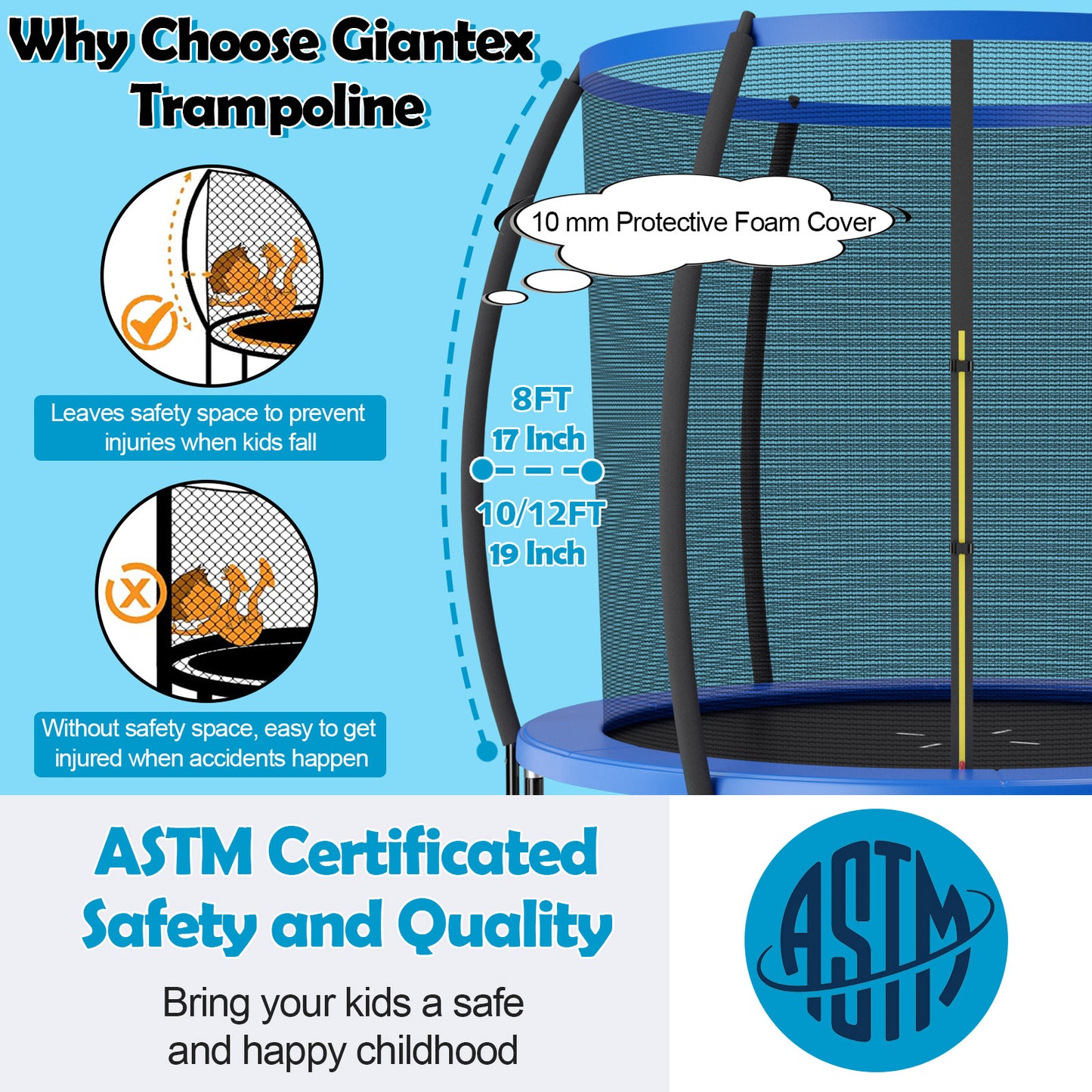 8 Feet ASTM Approved Recreational Trampoline with Ladder-Blue