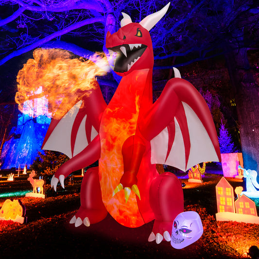 8 Feet Halloween Inflatables Blow-up Red Dragon with Wings Skull