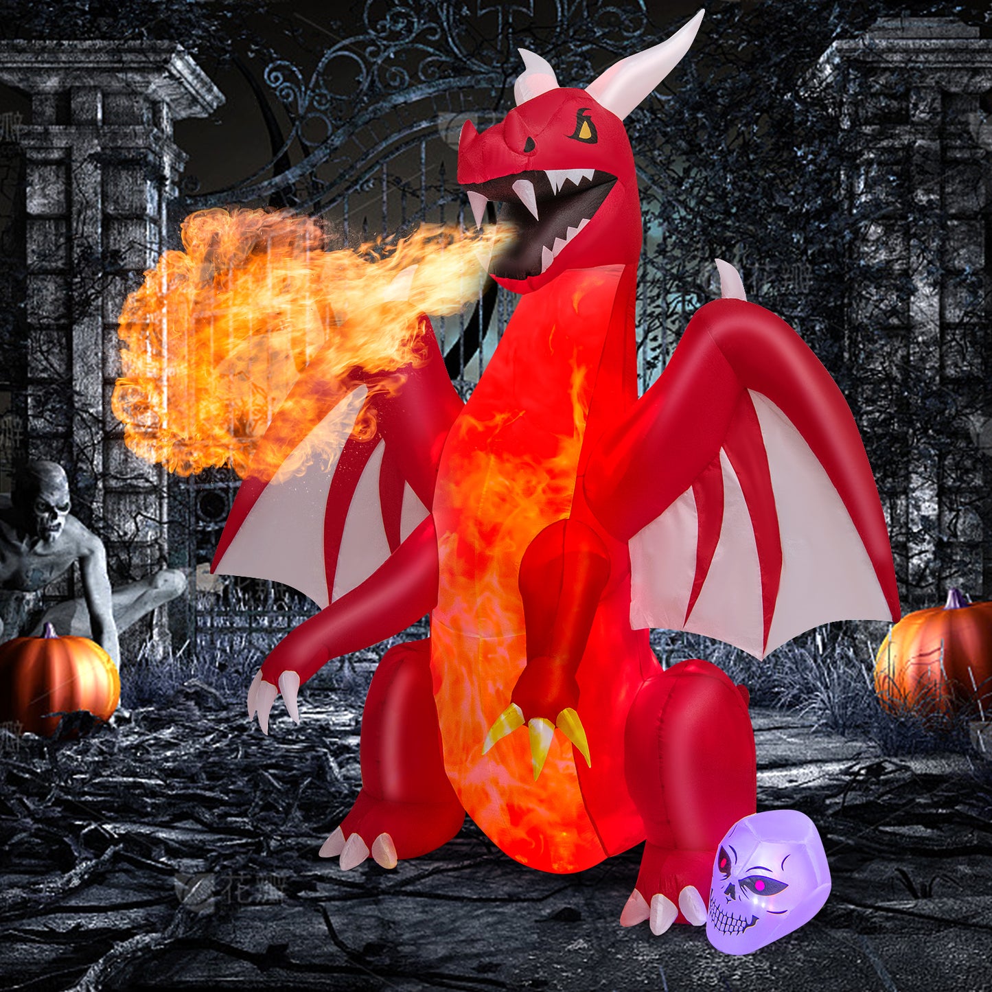 8 Feet Halloween Inflatables Blow-up Red Dragon with Wings Skull