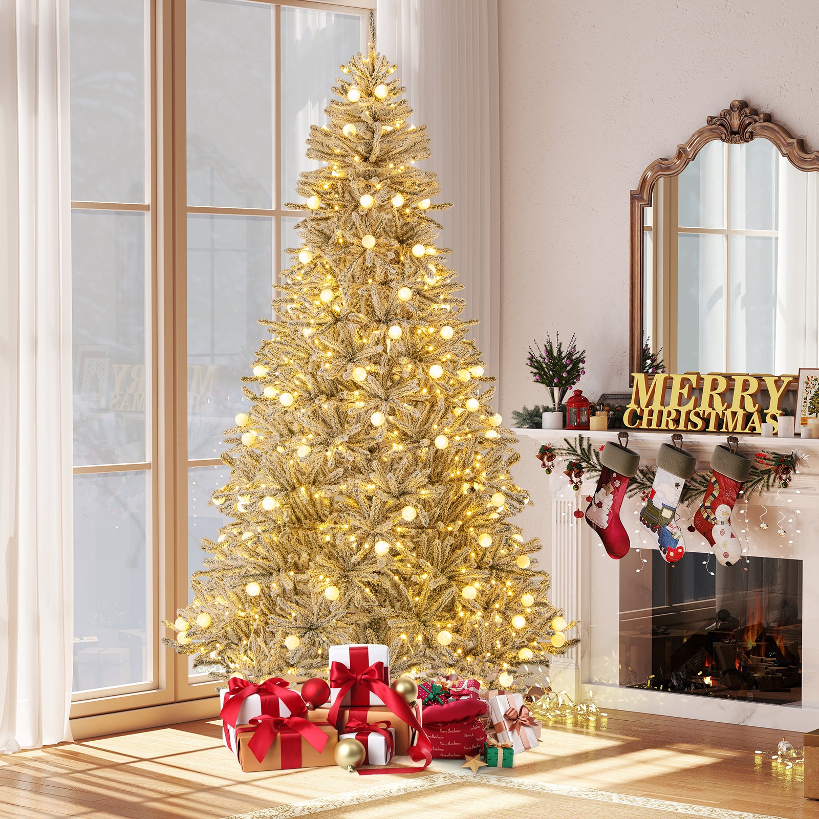 8 Feet Snow-flocked Artificial Christmas Tree Pre-lit Hinged with 81 Sphere Lights and Remote
