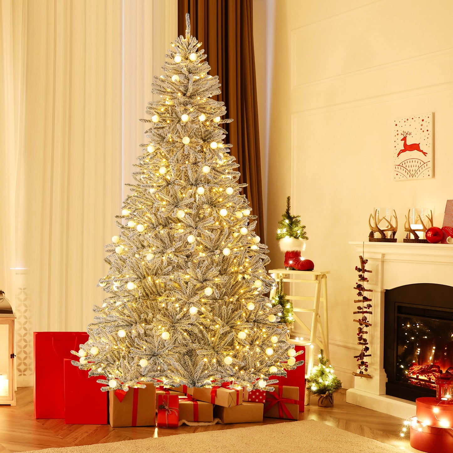 8 Feet Snow-flocked Artificial Christmas Tree Pre-lit Hinged with 81 Sphere Lights and Remote