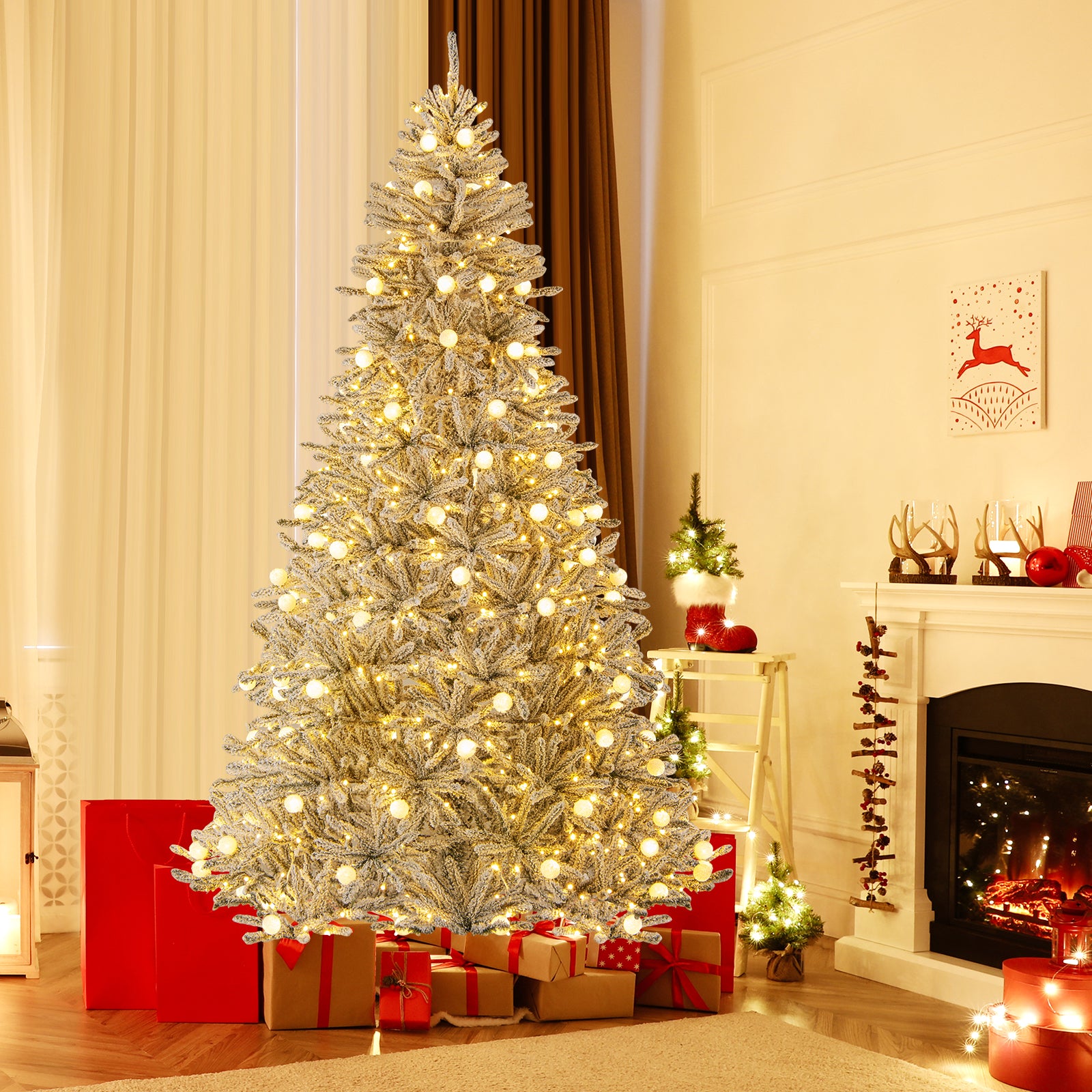 8 Feet Snow-flocked Artificial Christmas Tree Pre-lit Hinged with 81 Sphere Lights and Remote