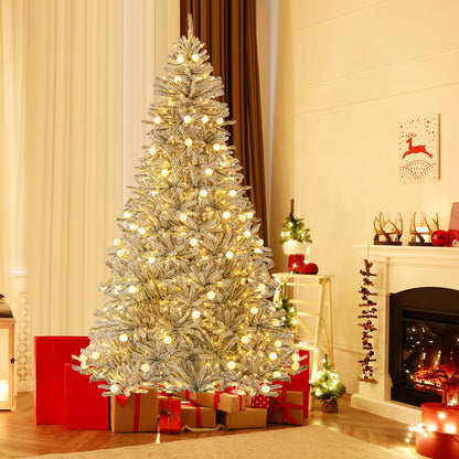 8 Feet Snow-flocked Artificial Christmas Tree Pre-lit Hinged with 81 Sphere Lights and Remote