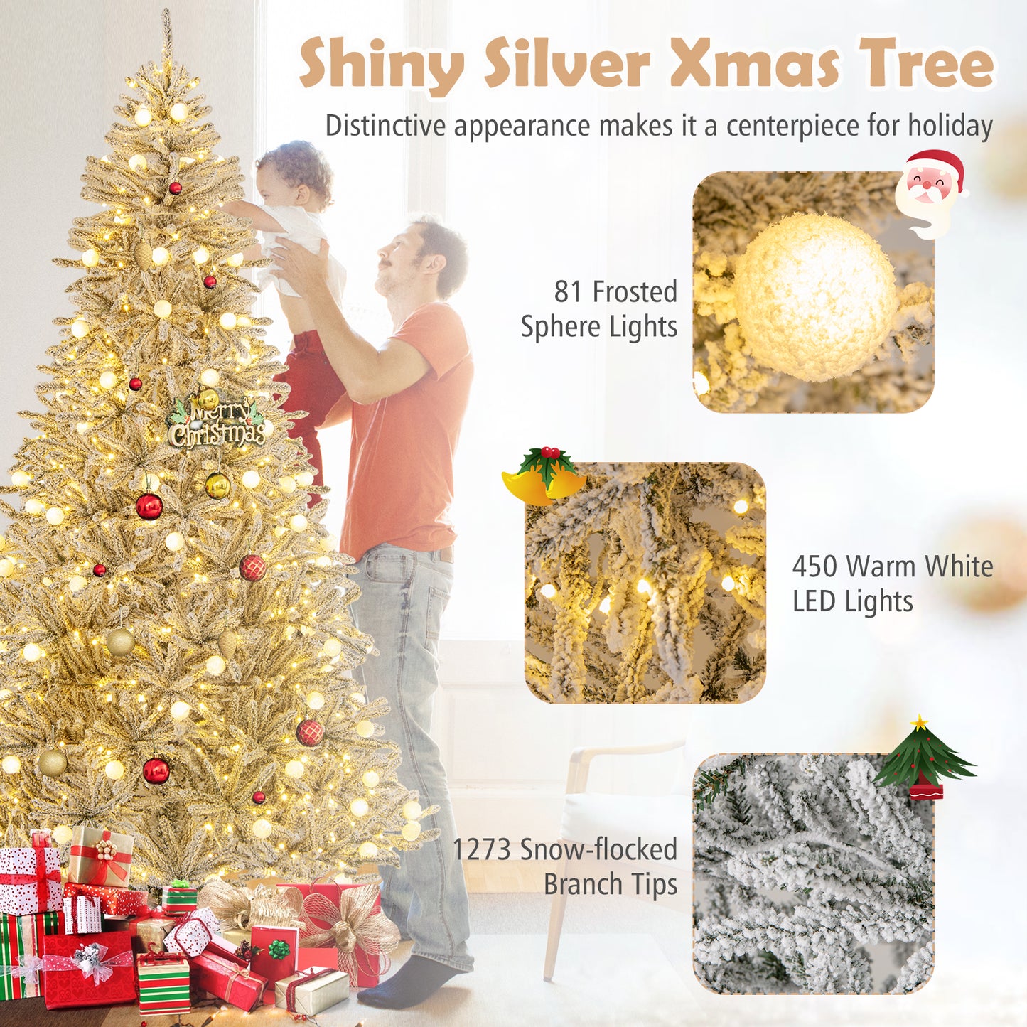 8 Feet Snow-flocked Artificial Christmas Tree Pre-lit Hinged with 81 Sphere Lights and Remote
