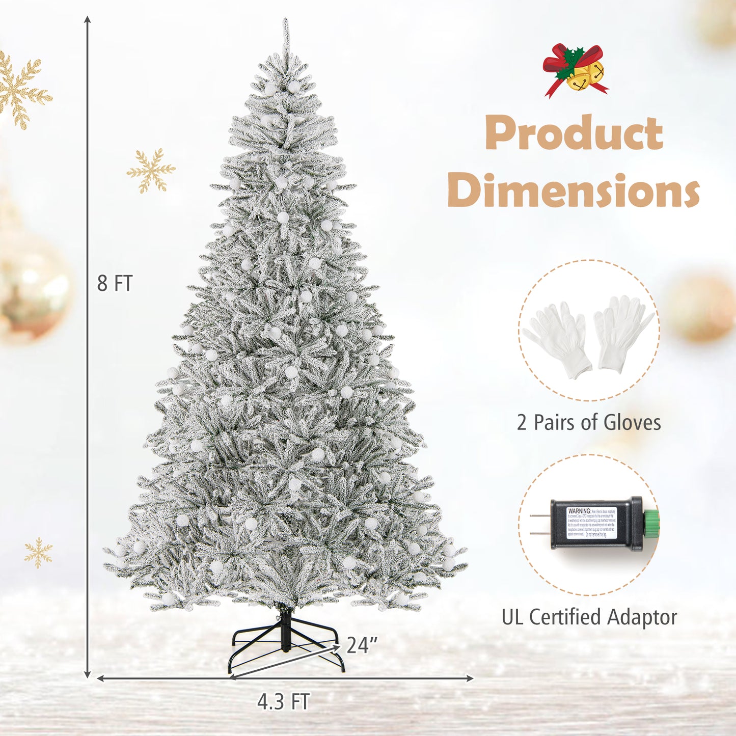 8 Feet Snow-flocked Artificial Christmas Tree Pre-lit Hinged with 81 Sphere Lights and Remote