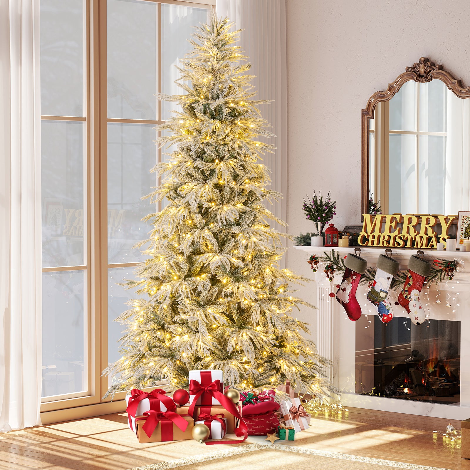 8 Feet Snow-flocked Artificial Christmas Tree Pre-lit Hinged Xmas Tree with Warm White LED Lights