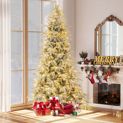 8 Feet Snow-flocked Artificial Christmas Tree Pre-lit Hinged Xmas Tree with Warm White LED Lights