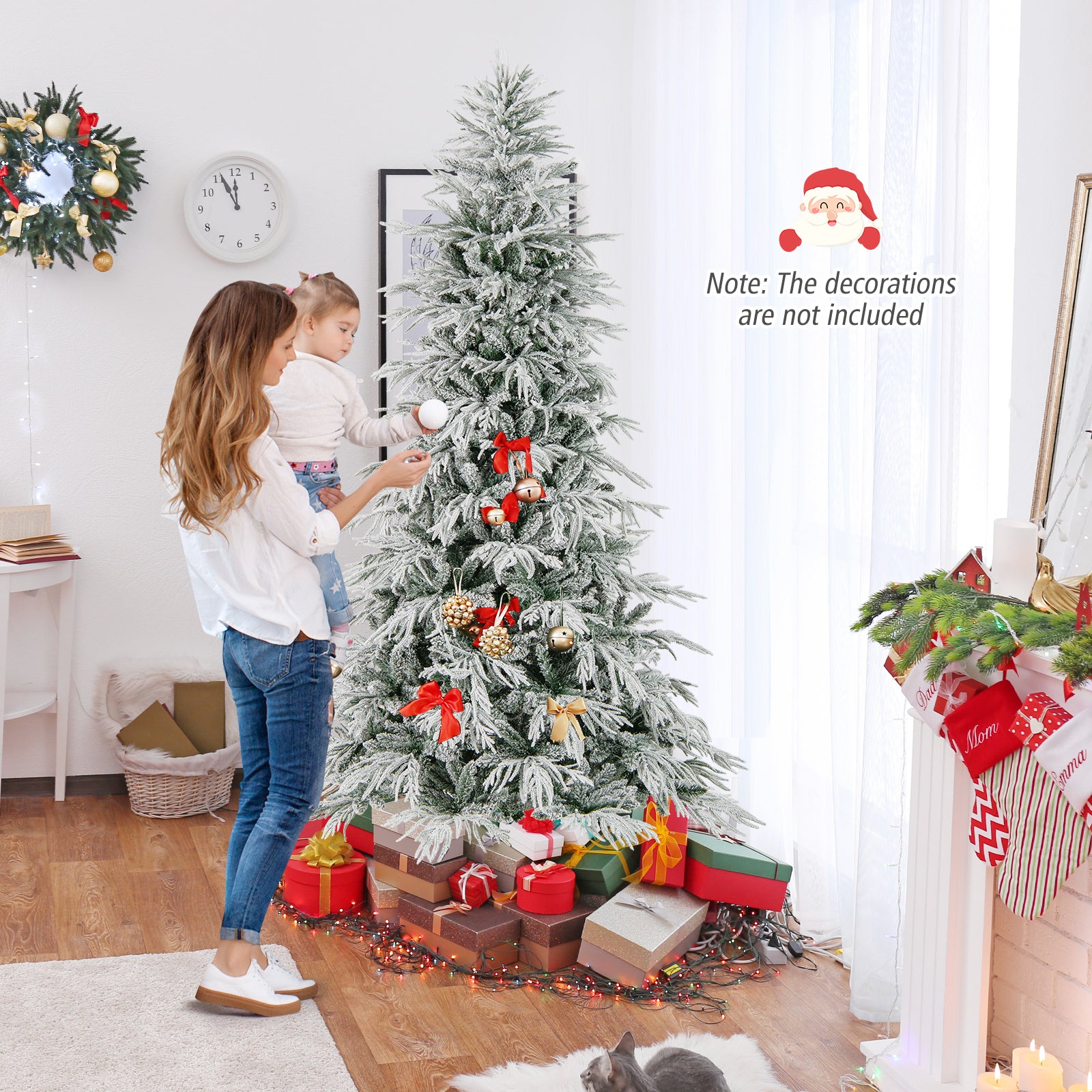 8 Feet Snow-flocked Artificial Christmas Tree Pre-lit Hinged Xmas Tree with Warm White LED Lights