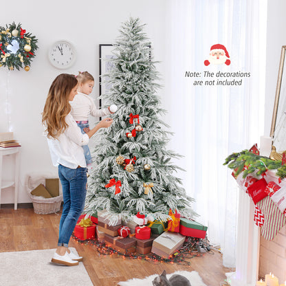 8 Feet Snow-flocked Artificial Christmas Tree Pre-lit Hinged Xmas Tree with Warm White LED Lights
