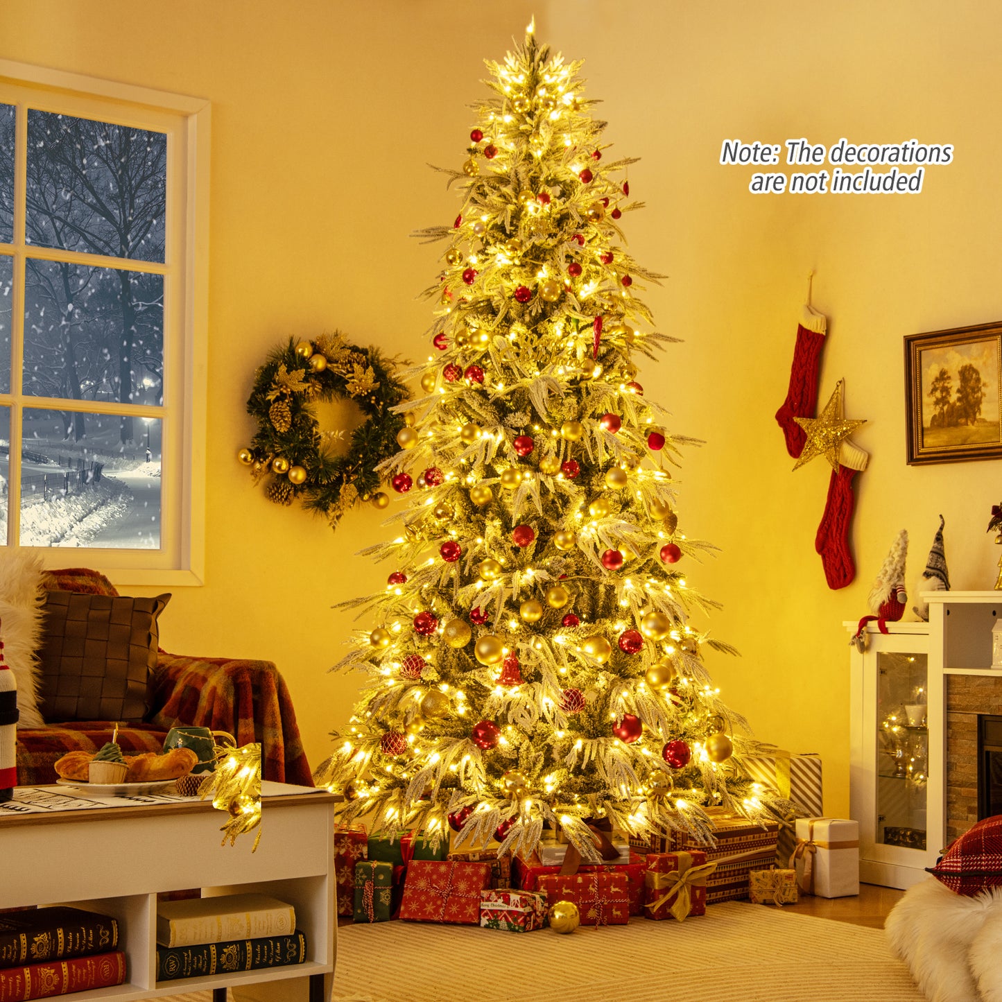 8 Feet Snow-flocked Artificial Christmas Tree Pre-lit Hinged Xmas Tree with Warm White LED Lights