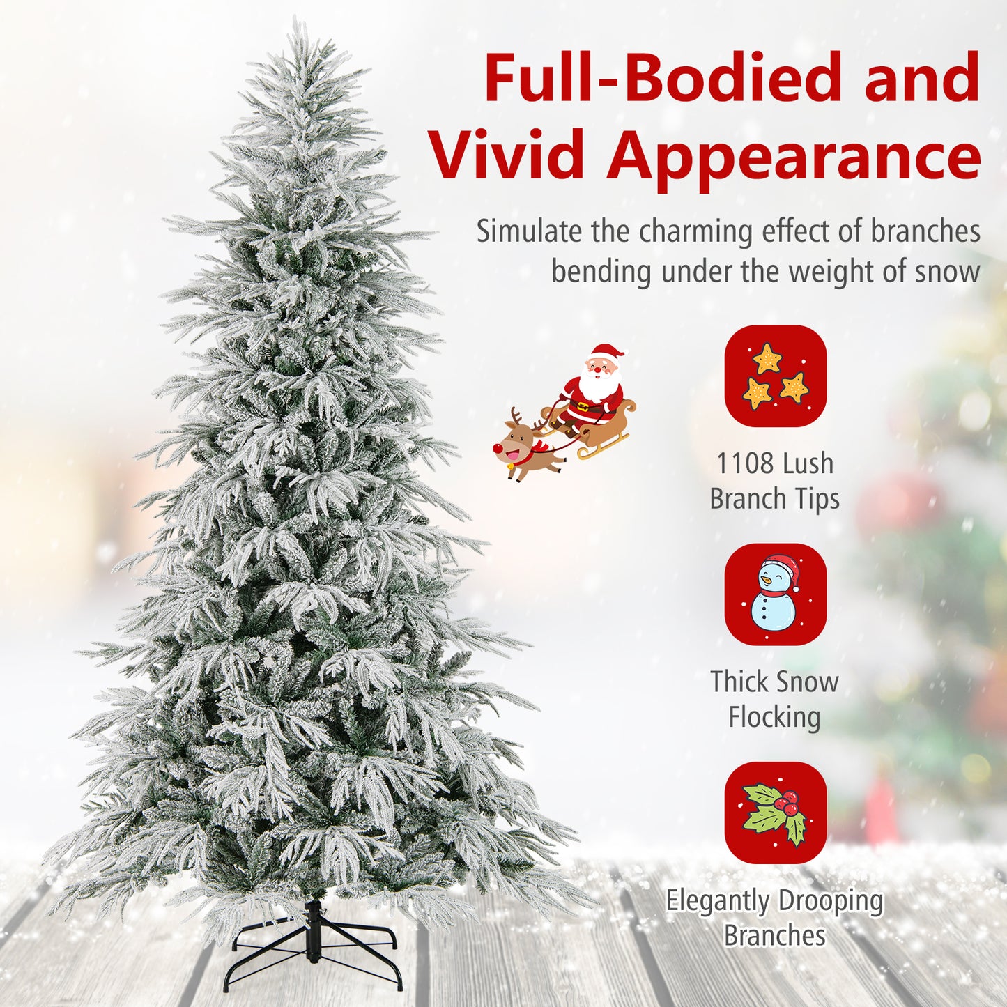 8 Feet Snow-flocked Artificial Christmas Tree Pre-lit Hinged Xmas Tree with Warm White LED Lights