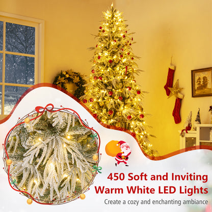 8 Feet Snow-flocked Artificial Christmas Tree Pre-lit Hinged Xmas Tree with Warm White LED Lights