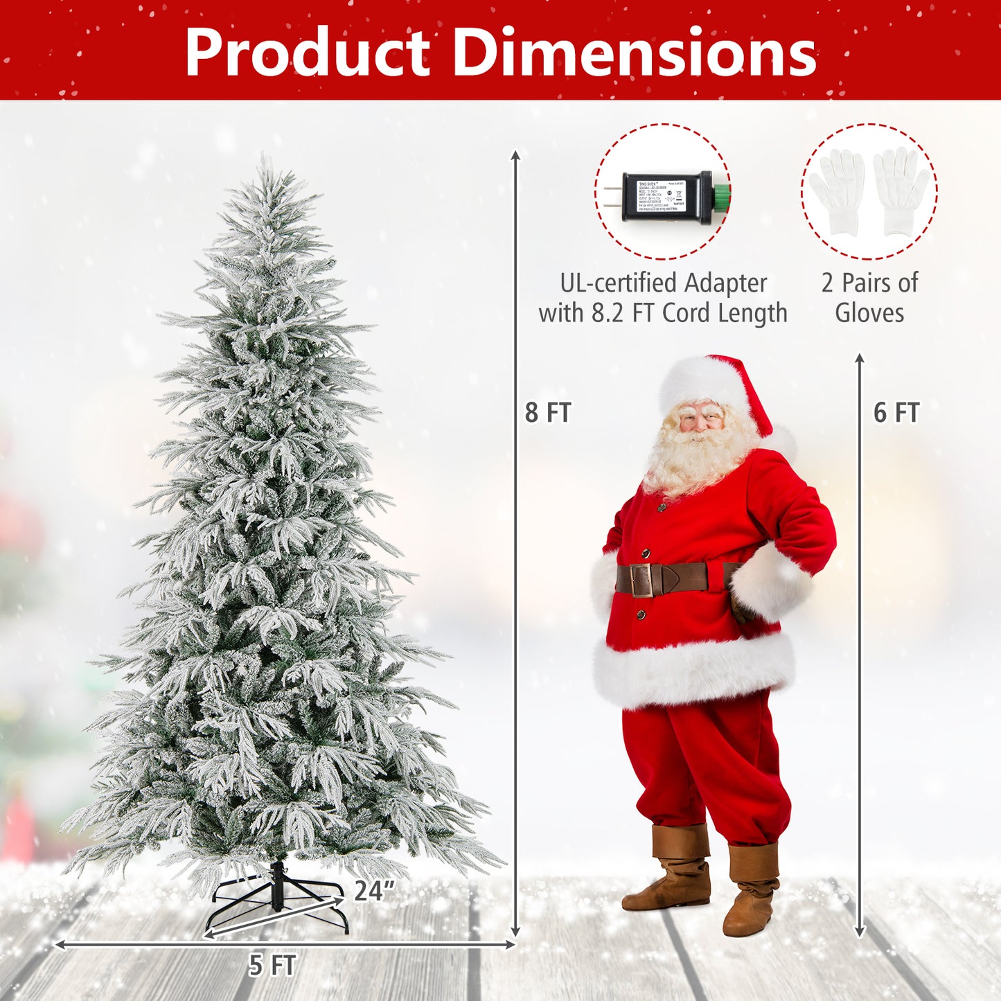 8 Feet Snow-flocked Artificial Christmas Tree Pre-lit Hinged Xmas Tree with Warm White LED Lights