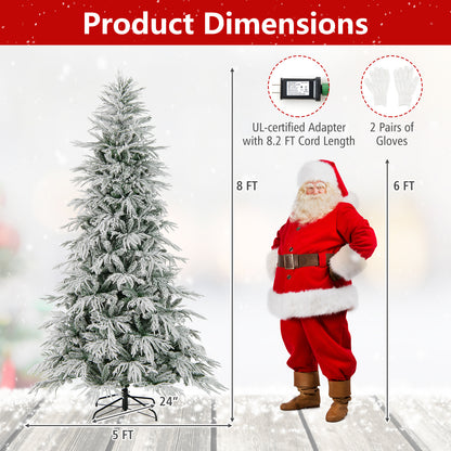 8 Feet Snow-flocked Artificial Christmas Tree Pre-lit Hinged Xmas Tree with Warm White LED Lights