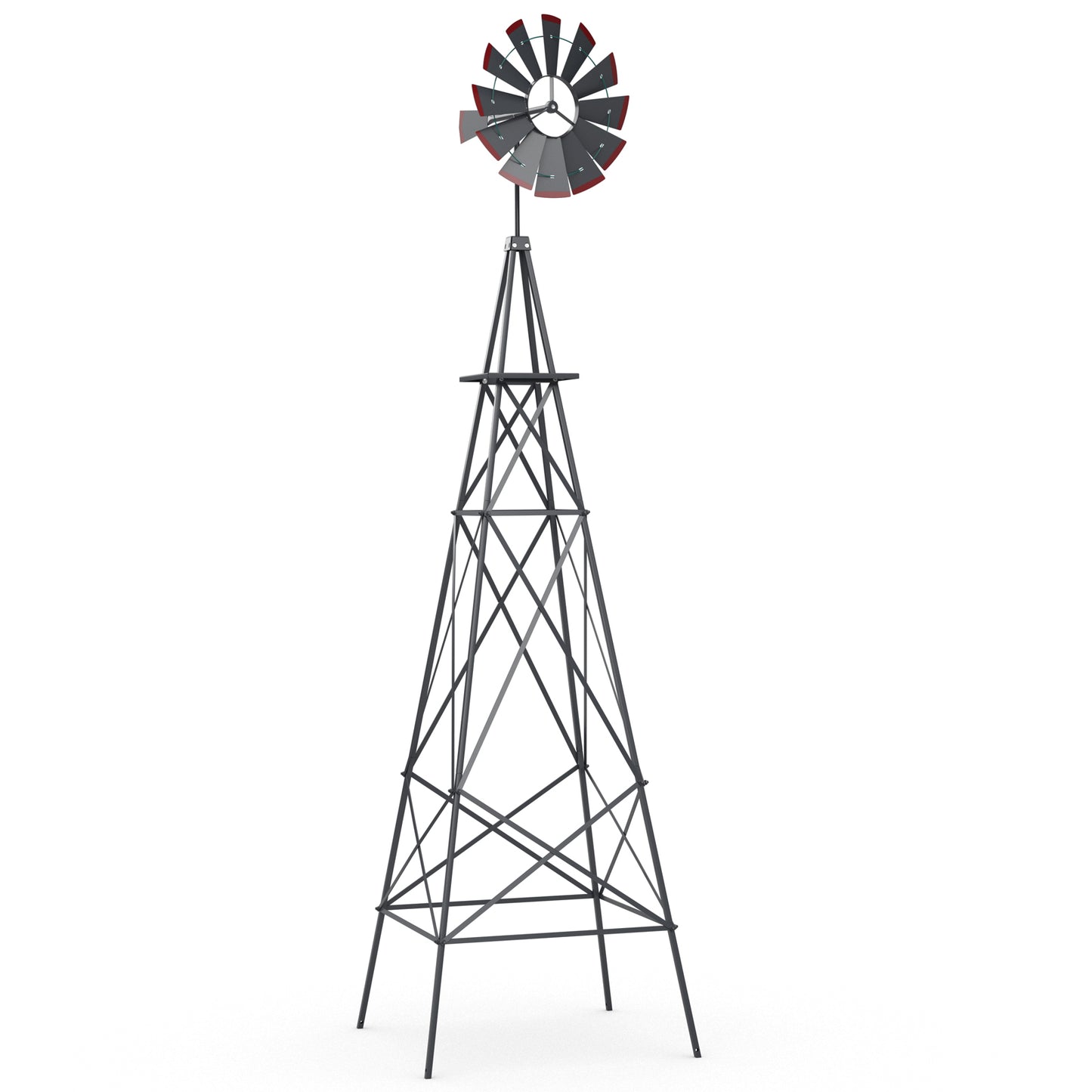 8 Feet Windmill Metal Ornamental Wind Wheel Weather Resistant-Red - Gray