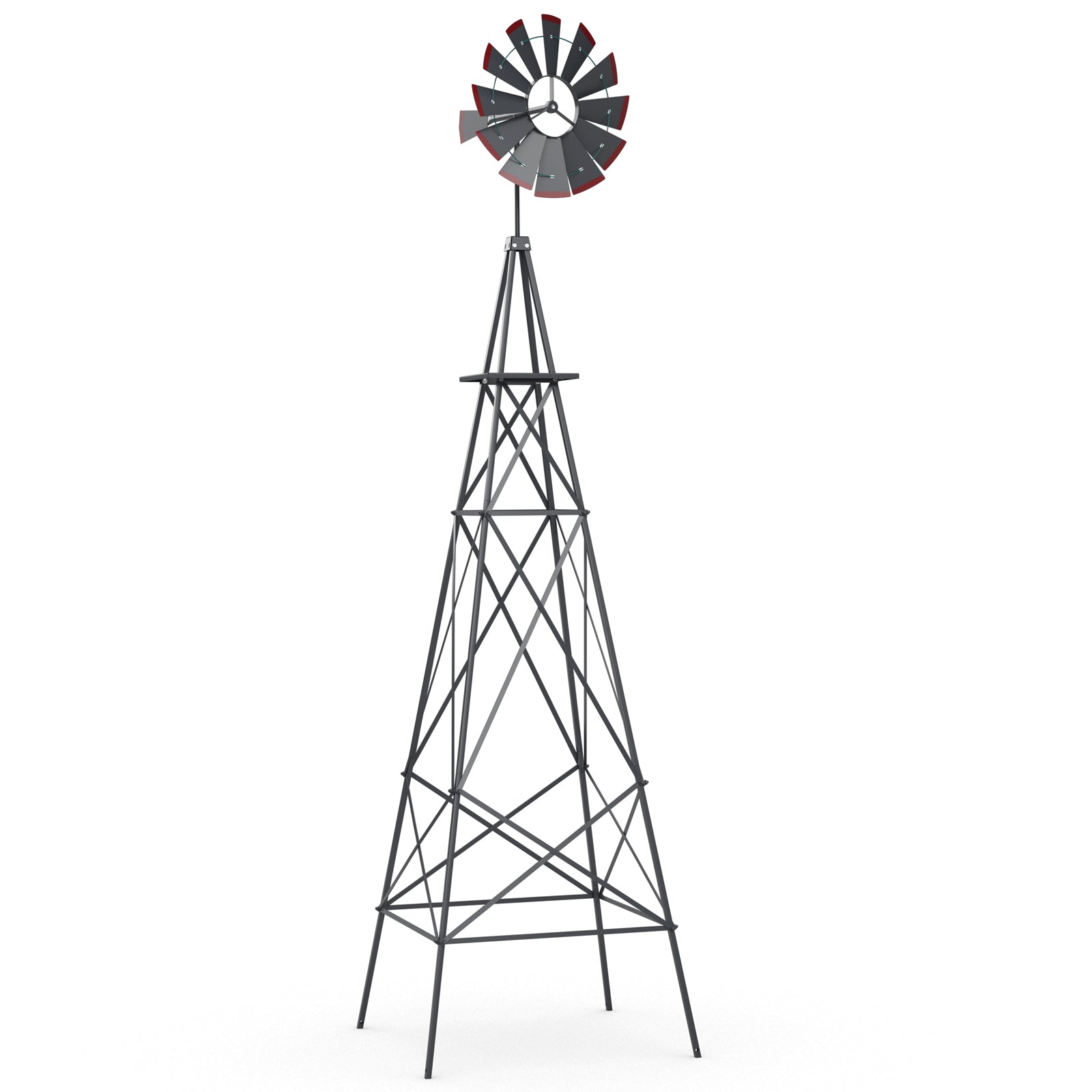 8 Feet Windmill Metal Ornamental Wind Wheel Weather Resistant-Red - Gray