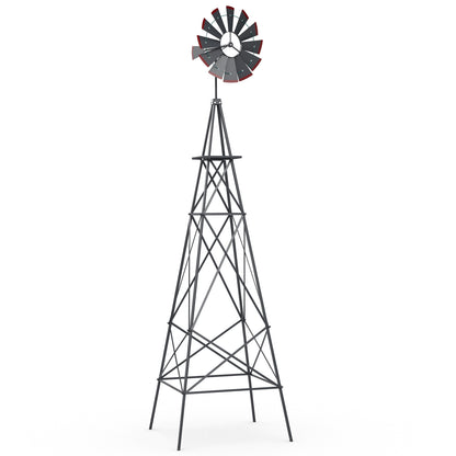 8 Feet Windmill Metal Ornamental Wind Wheel Weather Resistant-Red - Gray