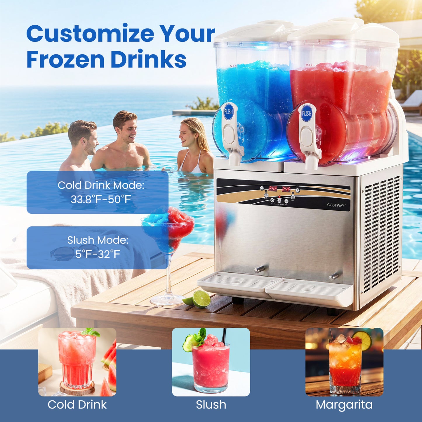Commercial Slushie Machine 8 Gallon Dual Tank with LED Lights