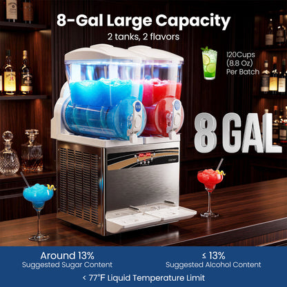 Commercial Slushie Machine 8 Gallon Dual Tank with LED Lights