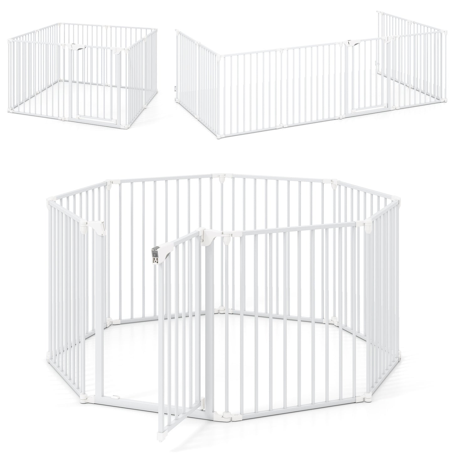 8-Panel Extra Wide Baby Gate Adjustable Pet Safety Fence with Auto-close Door-White