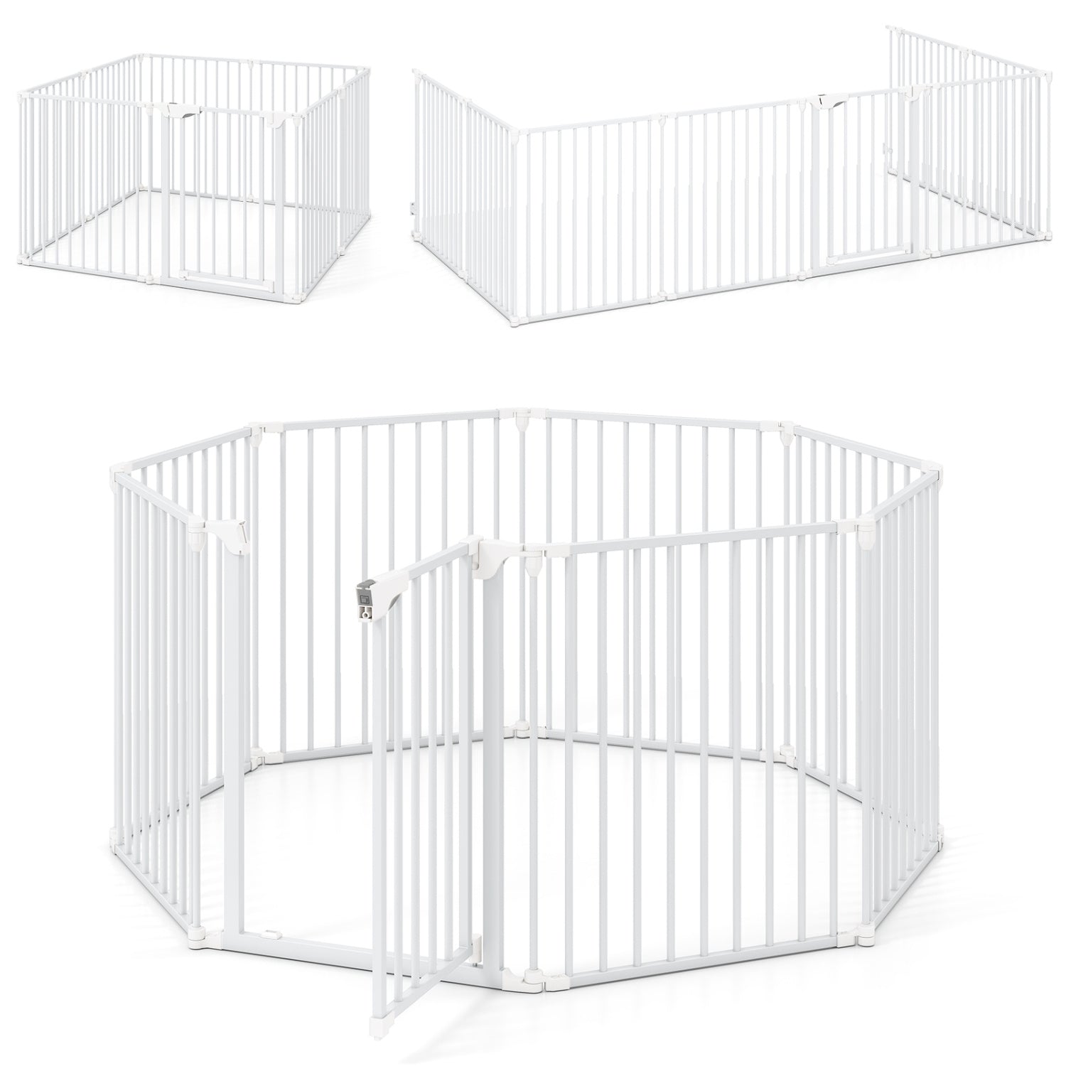 8-Panel Extra Wide Baby Gate Adjustable Pet Safety Fence with Auto-close Door-White