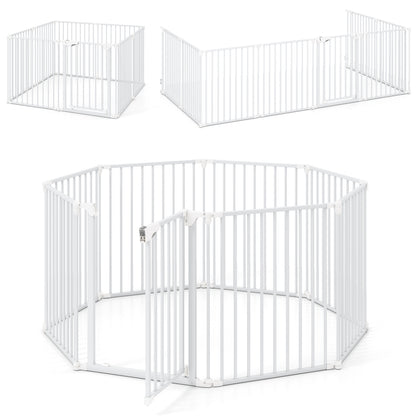 8-Panel Extra Wide Baby Gate Adjustable Pet Safety Fence with Auto-close Door-White
