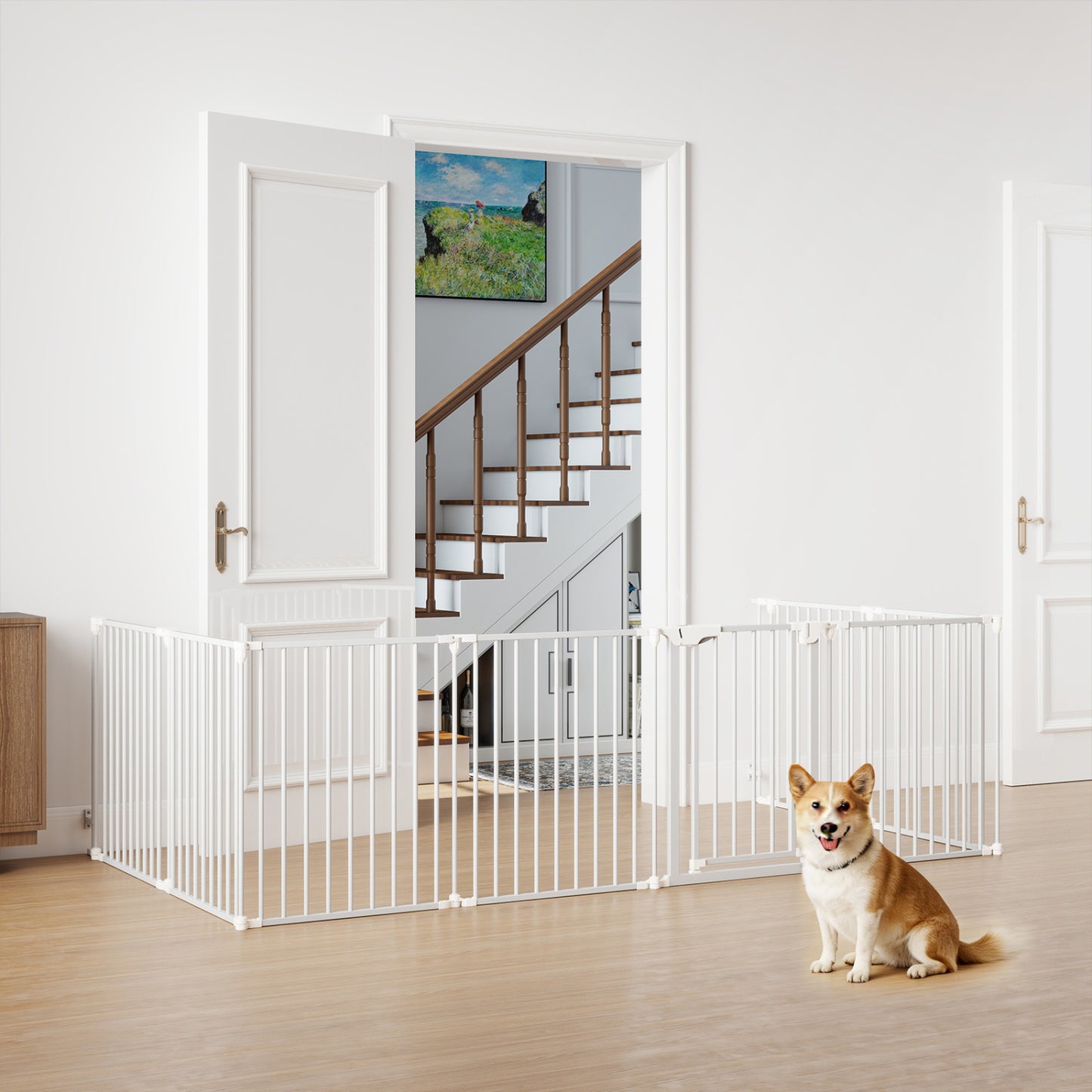 8-Panel Extra Wide Baby Gate Adjustable Pet Safety Fence with Auto-close Door-White