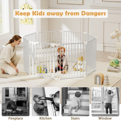 8-Panel Extra Wide Baby Gate Adjustable Pet Safety Fence with Auto-close Door-White
