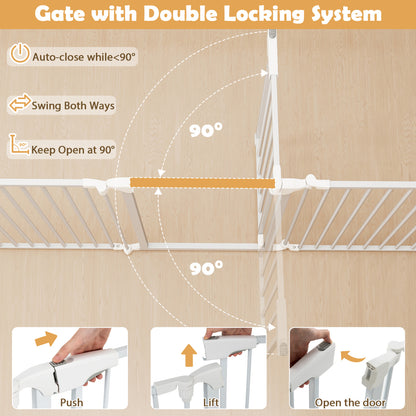 8-Panel Extra Wide Baby Gate Adjustable Pet Safety Fence with Auto-close Door-White