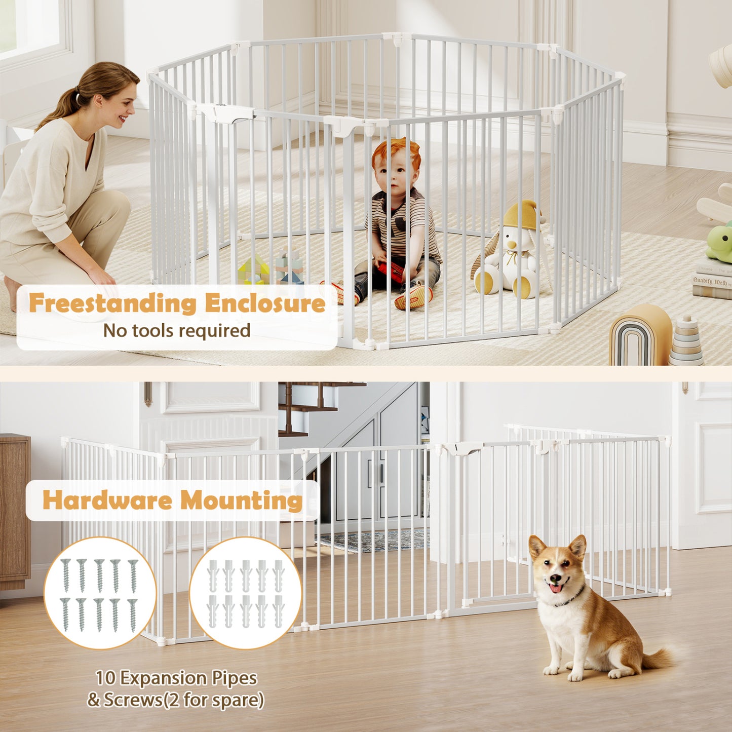 8-Panel Extra Wide Baby Gate Adjustable Pet Safety Fence with Auto-close Door-White