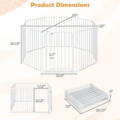 8-Panel Extra Wide Baby Gate Adjustable Pet Safety Fence with Auto-close Door-White