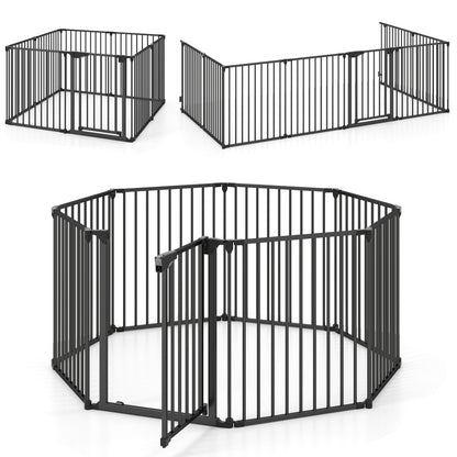 8-Panel Extra Wide Baby Gate Adjustable Pet Safety Fence with Auto-close Door-Black
